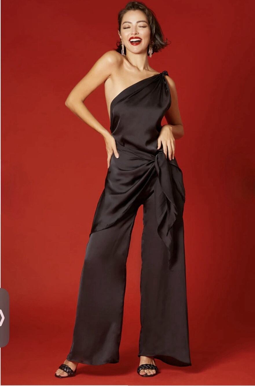 Baobab Marea Coverup Jumpsuit— S Black Satin Drape Wide-Leg Asymmetric Resort